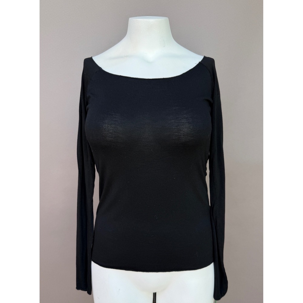Scandal Italy Top Womens M Black Boat Neck Long Sleeve Viscose Stretch Basic Tee